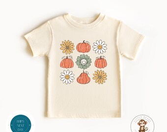Retro Pumpkins Daisies Kids Tshirt | Custom Halloween Tshirt | Groovy Distressed Pumpkins Kids Halloween Sweatshirt