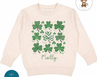 Personalized Kids St Patricks Name Shamrock Grid Sweatshirt | Custom Girls St Pats Kids Tshirt | St Patricks Day Kids Gift