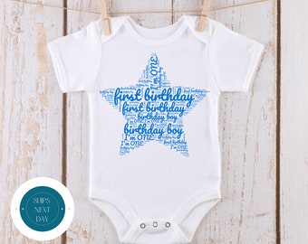First Birthday Word Star Blue Baby Onesie® | Custom Baby Onesie® | Cute Baby Shower Gift | Birthday Tshirt