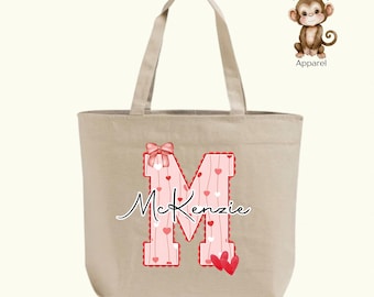 Personalized Pink Hearts Name Initial Tote Bag: XL Zippered Cotton Canvas