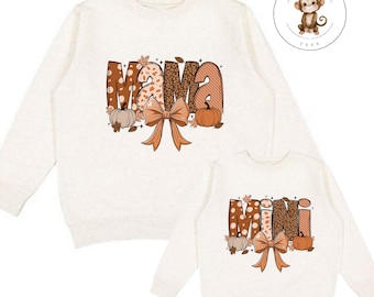 Fall Pumpkin Mama Mini Coquette Sweatshirt | Matching Mom Kids Fall Vibes Tshirt | Cozy Hoodie Toddler Kids Adult