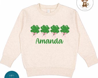 Personalized St Patricks Girls Shamrock Bow Kids Tshirt | Custom St Pats Kids Sweatshirt | St Patricks Day Kids Cute Holiday Shirt