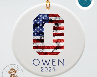 American Flag Initial Personalized Christmas Ornament | Yearly Name Ornament Kids Gift | Keepsake Holiday Ornament