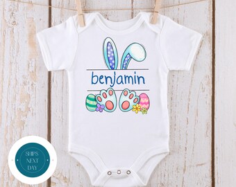 Bunny Ears Feet Boys Personalized Baby Onesie® | Split Bunny Name Onesie® | Cute Easter Kids Tshirt | Easter Bunny Gift