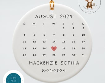 Personalized Baby Birth Ornament | Pink Heart Ceramic Ornament | Baby Shower Gift | First Christmas Ornament