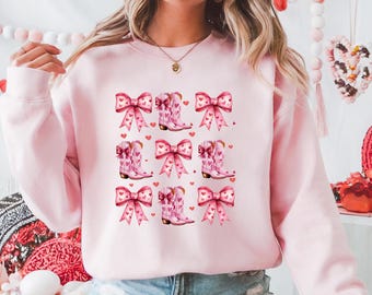 Womens Coquette Bows and Pink Boots Sweatshirt | Valentine's Day Shirt | Valentine Gift for Cowgirl | Valentine Crewneck