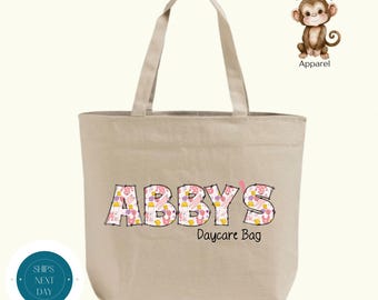 Personalized Baby Girl XL Canvas Tote Bag: Zippered Daycare Bag