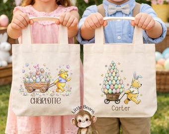 Personalized Pooh Easter Tote Bag | Kids Egg Hunt Treat Bag