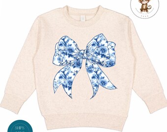Coquette Blue Toile Christmas Cozy Kids Sweatshirt | Trendy Kids Holiday Tshirt | Holiday Outfit | Christmas Gift