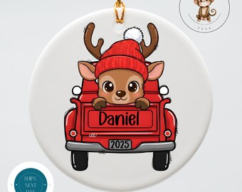 Personalized Boy Red Truck Reindeer Christmas Ornament: Ceramic Keepsake Gift