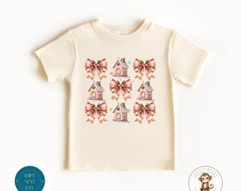 Coquette Gingerbread House Bows Christmas Kids Tshirt | Custom Holiday Baby Onesie® | Cute Christmas Onesie® | Holiday Baby Gift