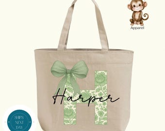 Green Chinoiserie Initial Name Zippered XL Tote Bag | Custom Personalized Toile Name Cotton Canvas Tote Bag | Sorority Tote Bag