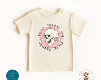 Thick Thighs Spooky Vibes Kids Tshirt | Custom Halloween Tshirt | Cute Skeleton Kids Halloween Shirt