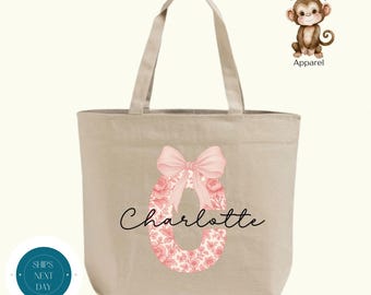 Pink Chinoiserie Initial Name Zippered XL Tote Bag | Custom Personalized Toile Name Cotton Canvas Tote Bag | Wedding Party Gift Bags