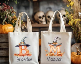 Personalized Watercolor Pumpkin Halloween Trick or Treat Tote Bag | Kids Custom Boo Bag