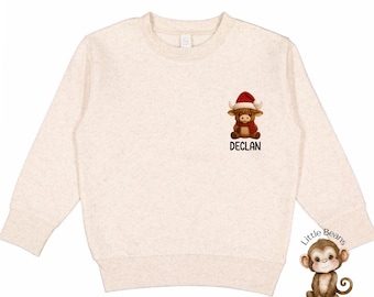Personalized Faux Yarn Highland Cow Christmas Kids Shirt | Holiday Custom Kids Sweatshirt | Choose Your Design