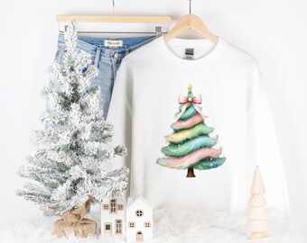 Coquette Christmas Tree Cotton Candy Sweatshirt | Girly Christmas Tshirt | Cute Trendy Youth through Adult Sweatshirt | Gift for Her