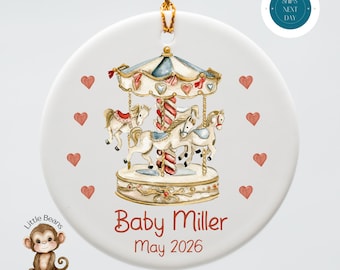 Personalized Carousel Baby Announcement Ornament: Ceramic Christmas Decoration