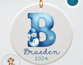 Snowman Blue Initial Personalized Christmas Ornament | Yearly Name Ornament Kids Gift | Keepsake Holiday Ornament