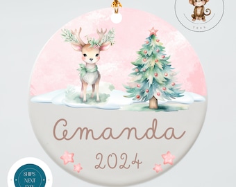 Girls Reindeer Name Personalized Christmas Ornament | Yearly Ornament Kids Gift | Keepsake Holiday Ornament
