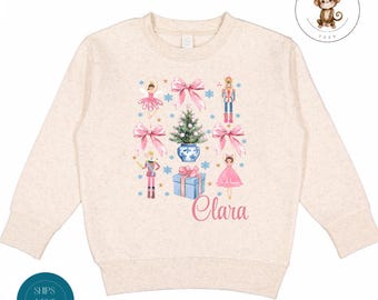 Coquette Pink Nutcracker Personalized Christmas Cozy Kids Sweatshirt | Trendy Kids Holiday Tshirt | Holiday Outfit | Christmas Gift