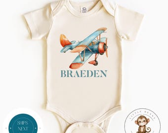 Biplane Blue Personalized Name Baby Onesie® | Custom Kids Tshirt | Airplane Custom Tshirt
