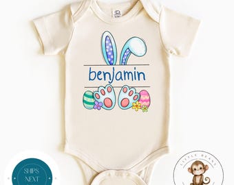Bunny Ears Feet Blue Personalized Baby Onesie® | Split Bunny Name Onesie® | Cute Easter Kids Tshirt | Easter Bunny Gift