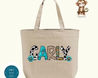 Personalized Cowgirl Zippered XL Tote Bag | Custom Girls Name Cotton Canvas Tote Bag | School Bag | Sports Bag | Vacation Bag