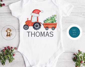Red Tractor Personalized Christmas Baby Onesie® | Custom Kids Tshirt | Cute Christmas Onesie® | Holiday Baby Gift | Christmas Name Onesie®
