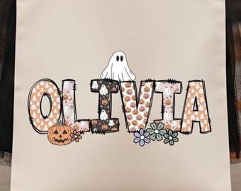 Personalized Girls Fall Doodle Halloween Trick or Treat Tote Bag | Custom Boo Bag
