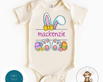 Bunny Ears Feet Pink Personalized Baby Onesie® | Split Bunny Name Onesie® | Cute Easter Kids Tshirt | Easter Bunny Gift