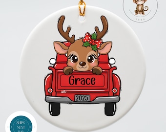 Personalized Girl Red Truck Reindeer Christmas Ornament: Ceramic Keepsake Gift