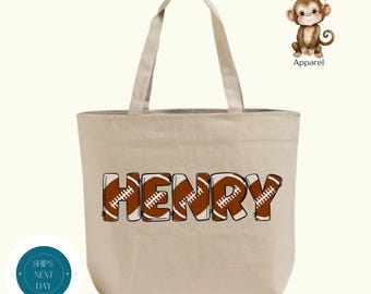 Personalized Football Name Zippered XL Tote Bag | Custom Football Cotton Canvas Tote Bag | Overnight Bag | Sports Bag | Gift Sports Kid
