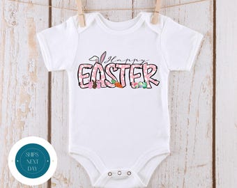 Happy Easter Custom Pink Baby Onesie® | Cute Easter Doodle Letters Kids Tshirt | Easter Bunny Present