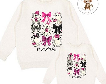 Pink and Black Halloween Ghosts Mama Mini Coquette Sweatshirt | Matching Mom Kids Coquette Tshirt | Cozy Hoodie Toddler Kids Adult