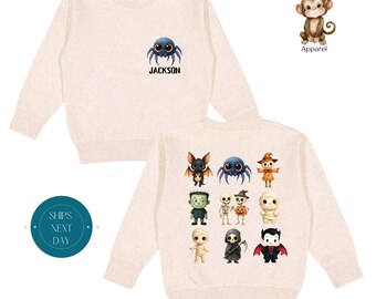 Boys Halloween Front Back Monsters Sweatshirt | Spooky Boy Personalized Halloween Custom Shirt | School Halloween Party Shirt