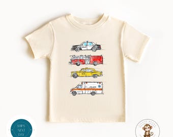 Watercolor Cop Car Firetruck Kids Shirt | Ambulance Yellow Cab Boys Sweatshirt | Cute Vehicle Theme Baby Onesie®