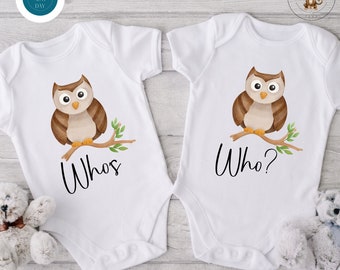 Whos Who Owl Twin Onesie®s | Cute Custom Twins Onesie®s | Twin Baby Reveal Announcement
