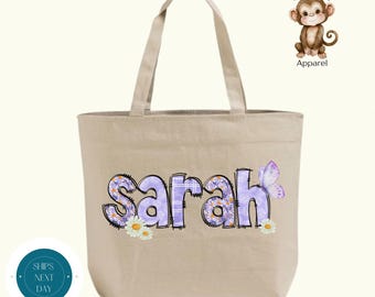 Personalized Purple Floral Name Zippered XL Tote Bag | Custom Girls Name Cotton Canvas Tote Bag | Sleepover Overnight Bag