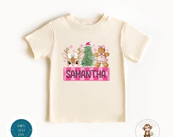 Personalized Girls Christmas Shirt: Reindeer, Tree, Gingerbread