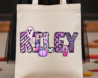 Personalized Girls Spooky Doodle Halloween Trick or Treat Tote Bag | Custom Boo Bag