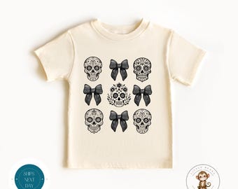Coquette Sugar Skulls Bows Kids Tshirt | Custom Girls Halloween Tshirt | Custom Girly Fall Shirt