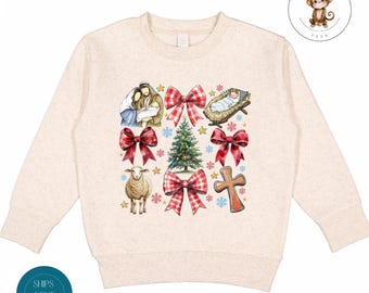 Coquette Jesus Christian Christmas Cozy Kids Sweatshirt | Trendy Kids Holiday Tshirt | Holiday Outfit | Christmas Gift