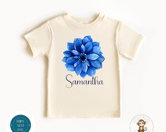 Blue Dahlia Flower Personalized Name Natural Kids Tshirt | Custom Name Girls Tshirt | Baby Shower Gift