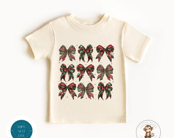 Coquette Christmas Bows Kids Tshirt | Custom Girls Holiday Tshirt | Plaid Bows Girly