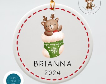 Reindeer Stocking Personalized Christmas Ornament | Yearly Ornament Kids Gift | Keepsake Holiday Ornament
