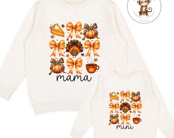 Thanksgiving Mama Mini Coquette Sweatshirt | Matching Mom Kids Pumpkin Coquette Tshirt | Cozy Hoodie Toddler Kids Adult