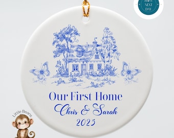 Personalized Blue Toile New Home Christmas Ornament | Keepsake Milestone Ceramic Ornament