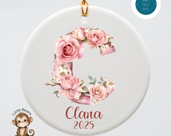 Personalized Pink Roses Christmas Ornament | Floral Girls Holiday Ceramic Ornament