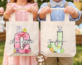 Personalized Doodle Initials Easter Tote Bag | Easter Egg Hunt Bag | Easter Treat Tote